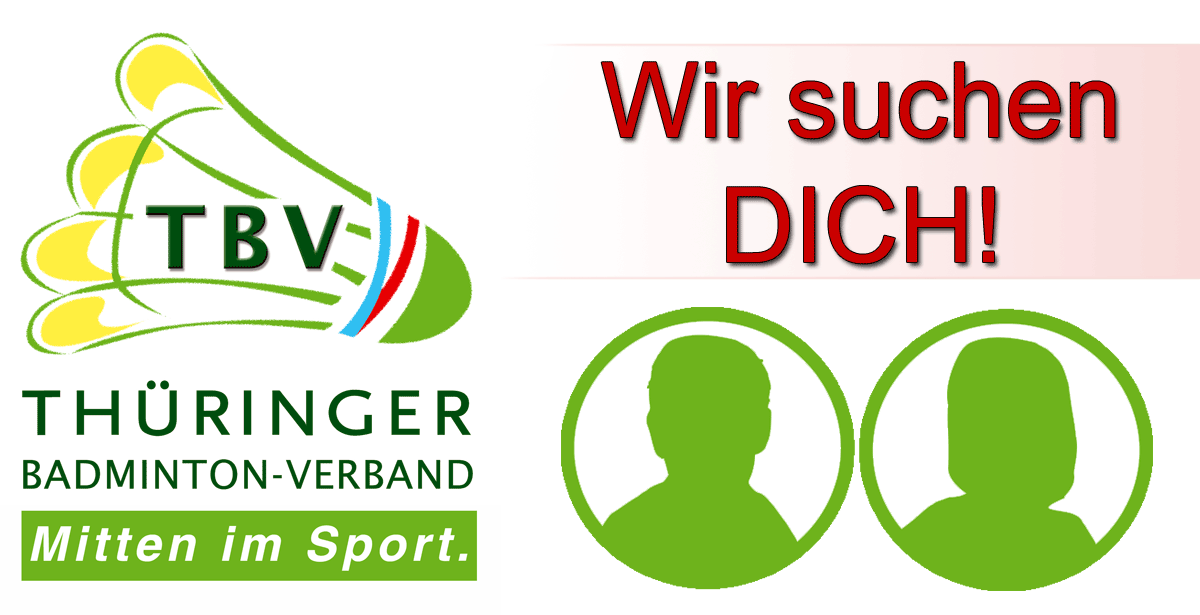 Hier ist ein BIld zu sehen, auf dem eine männliche und eine weibliche Silhouette abgebildert sind sowie das TBV Logo und der Schriftzug Wir suchen Dich.