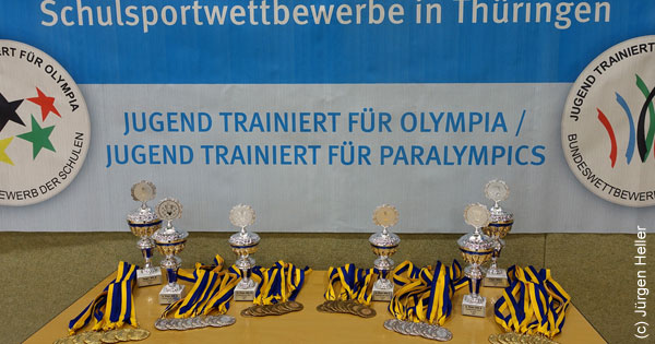 Auf dem Foto sind Medaillen und Pokale zu sehen.