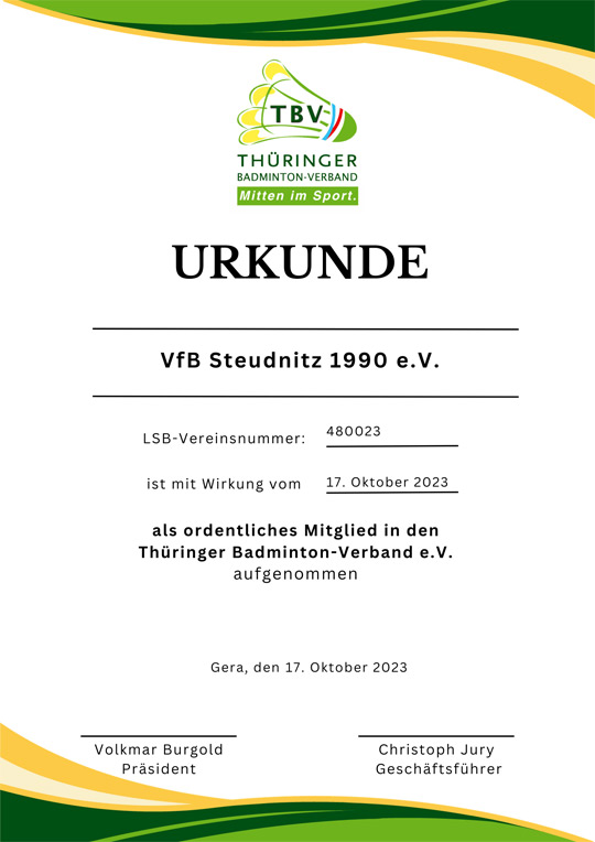 Aufnahmeurkunde VfB Steudnitz